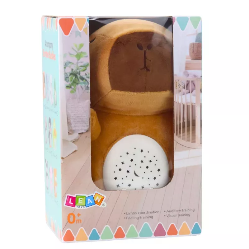 LEAN TOYS Pliušinis kapibaros žaislas su žvaigždžių projektoriumi ir lopšinėmis, rudas
