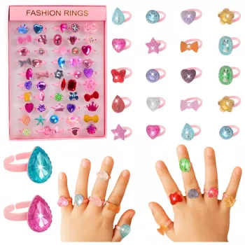 LEAN TOYS Beauty Set Vaikiški žiedai su spalvotais deimantais 50 vnt.