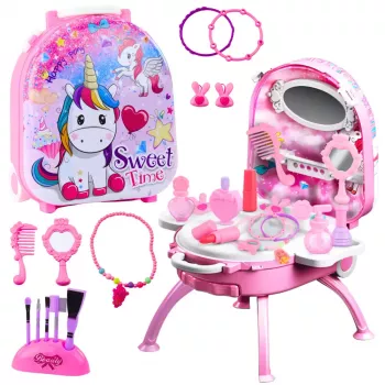LEAN TOYS Grožio rinkinys Tualetinis staliukas lagamine 2 viename Aksesuarai Vienaragis Rožinis