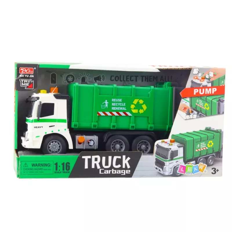 LEAN TOYS Šiukšliavežis su šiukšliadėže, šviesomis ir garsais, žalias, mastelis 1:16