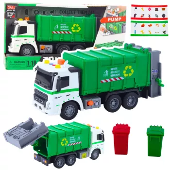 LEAN TOYS Šiukšliavežis su šiukšliadėže, šviesomis ir garsais, žalias, mastelis 1:16