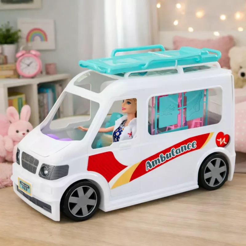 LEAN TOYS Mobilioji ligoninė greitosios pagalbos automobilis su neštuvais 2in1 Lėlės gydytojo aksesuarai