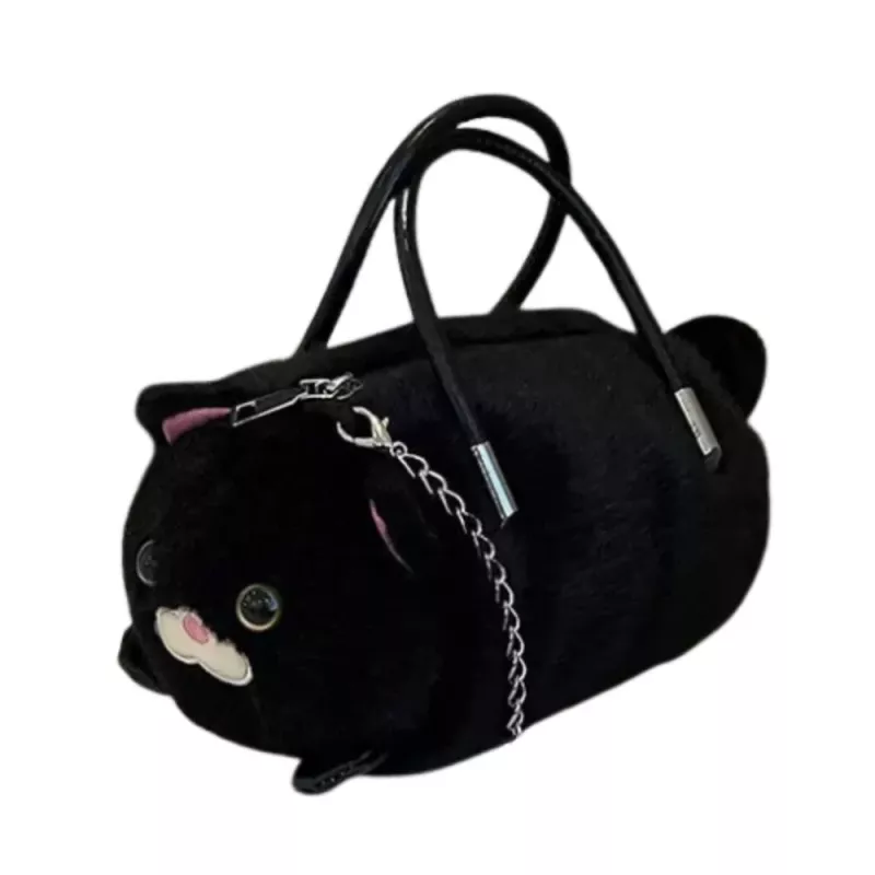 LEAN TOYS Plush Cat-Shaped Handbag with Chain Handles, Black