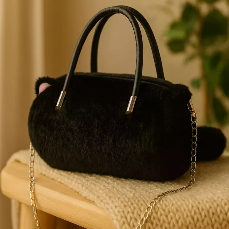 LEAN TOYS Plush Cat-Shaped Handbag with Chain Handles, Black