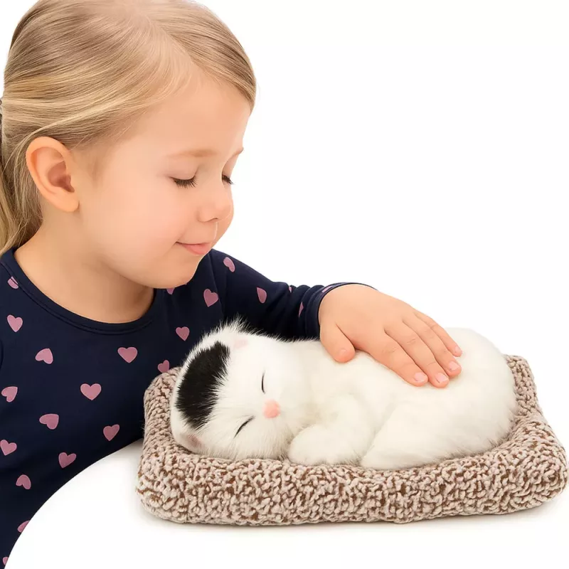 LEAN TOYS Mieganti balta katė ant pagalvės figūrėlė su kailiniu krepšiu ir garsais
