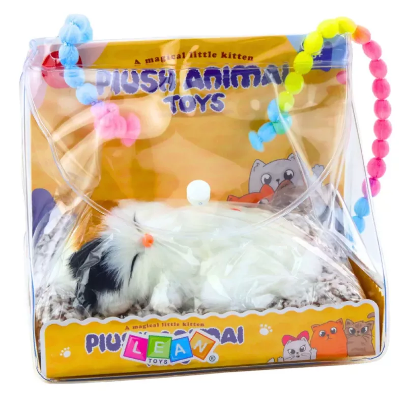 LEAN TOYS Mieganti balta katė ant pagalvės figūrėlė su kailiniu krepšiu ir garsais