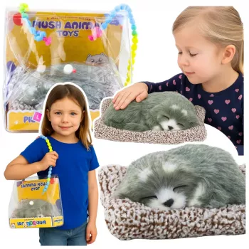 LEAN TOYS Miegantis haskis ant pagalvės figūrėlė su kailiniu maišeliu ir garsais