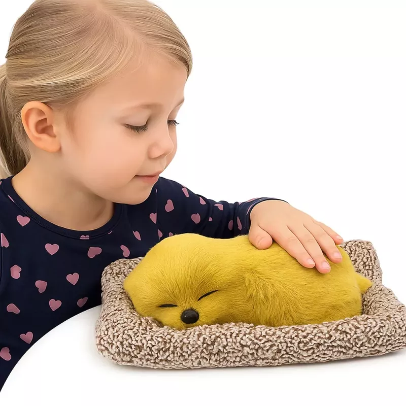 LEAN TOYS Miegantis labradoro šuniukas ant pagalvės figūrėlė su kailiu ir permatomu maišeliu