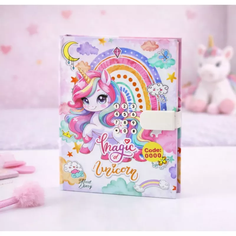 LEAN TOYS Mielas dienoraštis su kodine spyna ir vienaragio melodijomis, 120 puslapių, spalvoti linijuoti puslapiai, kietas viršelis, mergaitėms nuo 6 metų
