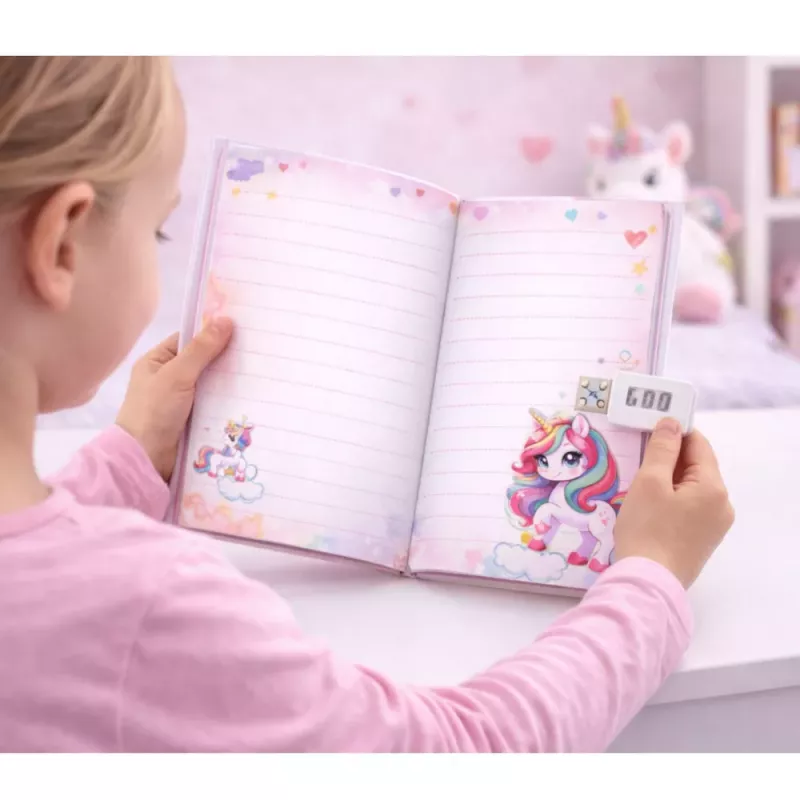 LEAN TOYS Mielas dienoraštis su kodine spyna ir vienaragio melodijomis, 120 puslapių, spalvoti linijuoti puslapiai, kietas viršelis, mergaitėms nuo 6 metų