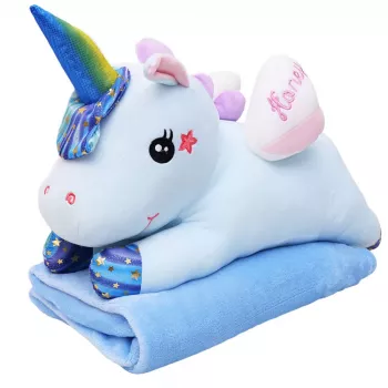 LEAN TOYS Minkštas vienaragis žaislas su antklode 160x110cm Mėlyna 55cm