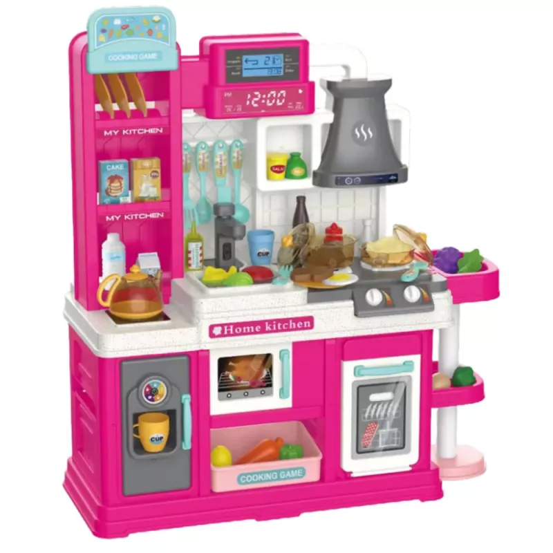 LEAN TOYS Vaikų virtuvėlė su vandens ciklu, spalvą keičiančiu maistu ir garais, rožinė, 64 dalių
