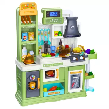 LEAN TOYS Vaikų virtuvė su vandens ciklu, besikeičiančios spalvos maistu ir garais, žalia, 64 dalių