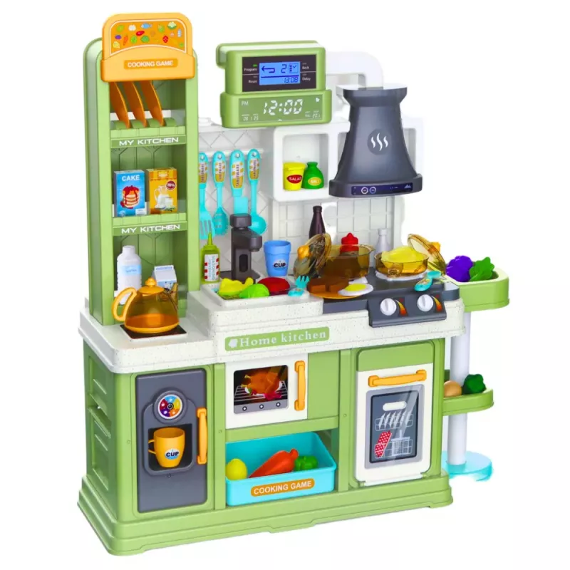 LEAN TOYS Vaikų virtuvė su vandens ciklu, besikeičiančios spalvos maistu ir garais, žalia, 64 dalių