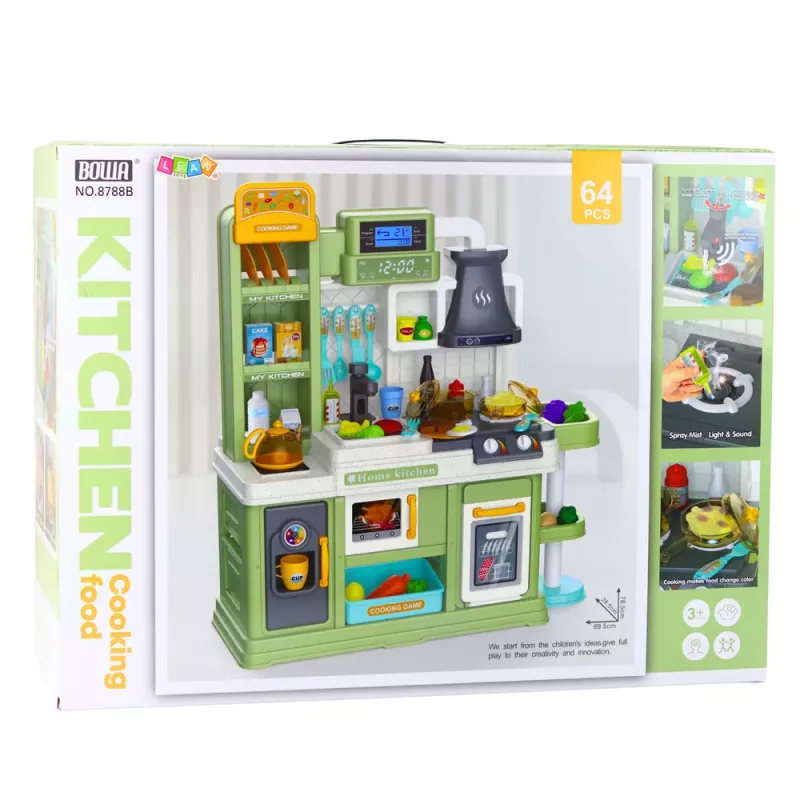 LEAN TOYS Vaikų virtuvė su vandens ciklu, besikeičiančios spalvos maistu ir garais, žalia, 64 dalių
