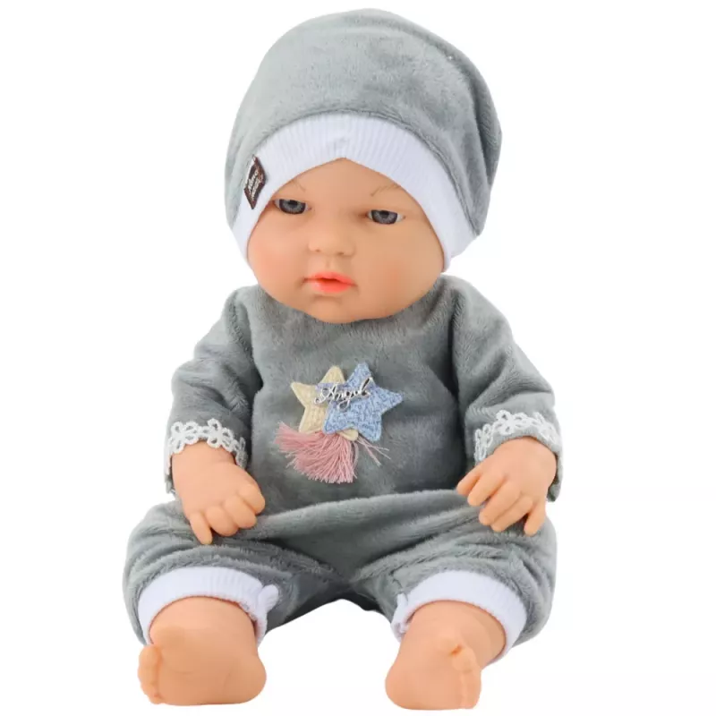 LEAN TOYS Baby Doll in Gray Pajamas, Hat, Movable Arms and Legs, 30cm