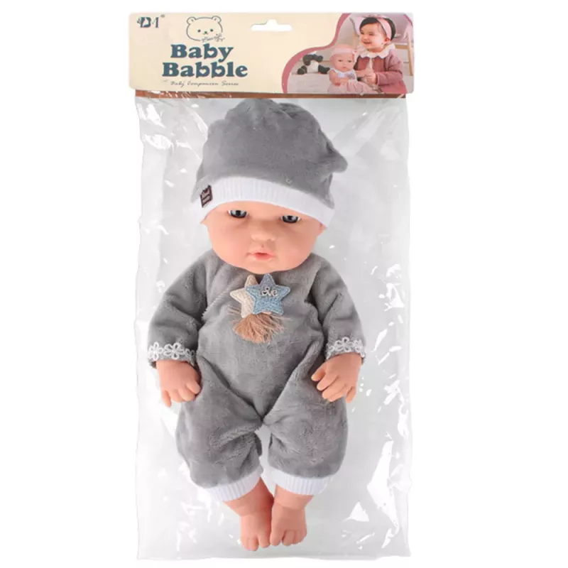LEAN TOYS Baby Doll in Gray Pajamas, Hat, Movable Arms and Legs, 30cm