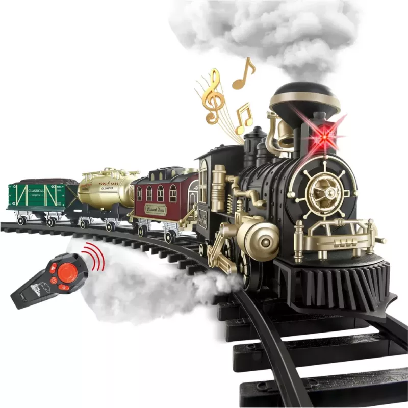 LEAN TOYS Electric Train Classic RC Train with Lights, Sounds and Smoke, 206 cm Track, 24 Pieces