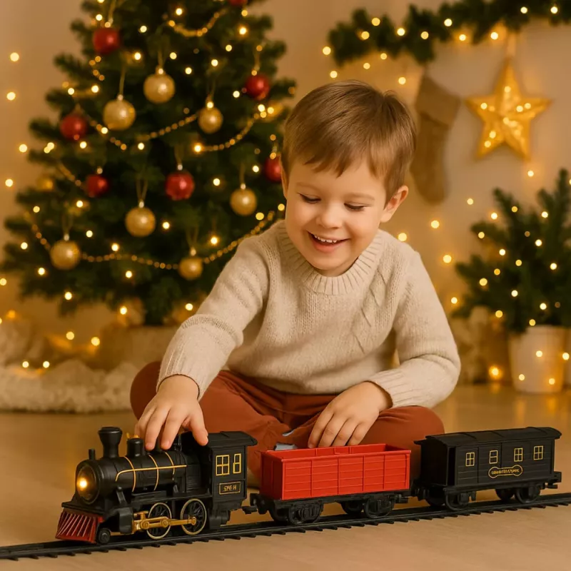 LEAN TOYS elektrinis traukinio rinkinys su lokomotyvu, vagonais, bėgiais, šviesomis ir garsais