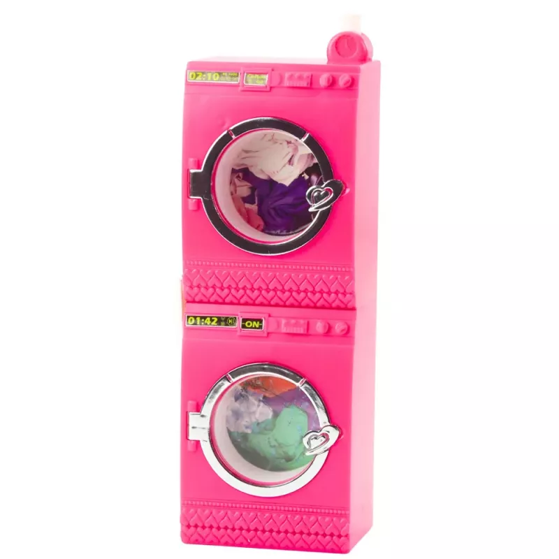 LEAN TOYS Doll Laundry Set Washing Machine Dryer Hanger Basket Pink