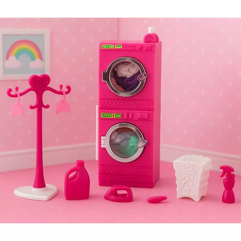 LEAN TOYS Doll Laundry Set Washing Machine Dryer Hanger Basket Pink