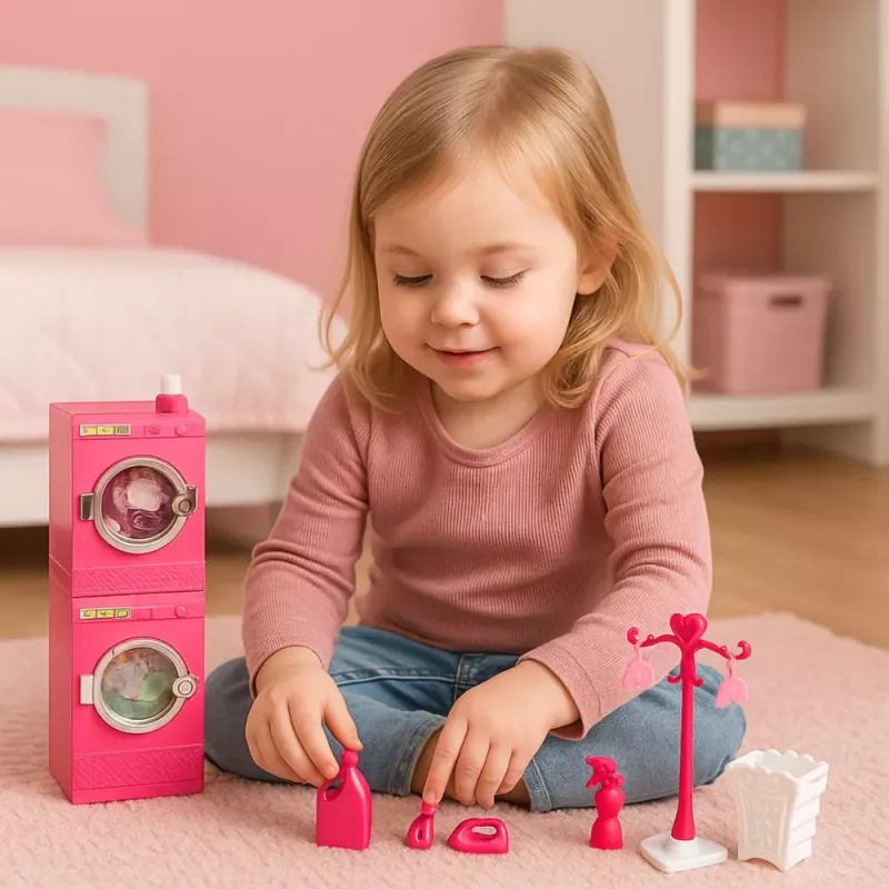LEAN TOYS Doll Laundry Set Washing Machine Dryer Hanger Basket Pink