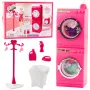 LEAN TOYS Doll Laundry Set Washing Machine Dryer Hanger Basket Pink