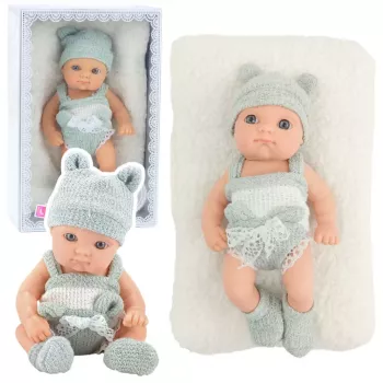 LEAN TOYS Baby Doll with Blanket, White and Gray Outfit, Hat, 18 cm