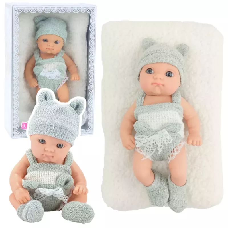 LEAN TOYS Baby Doll with Blanket, White and Gray Outfit, Hat, 18 cm