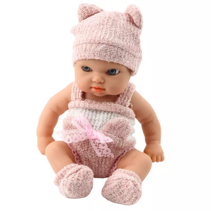 LEAN TOYS Kūdikio lėlė su antklode, baltais ir rožiniais drabužiais, kepure, 18 cm