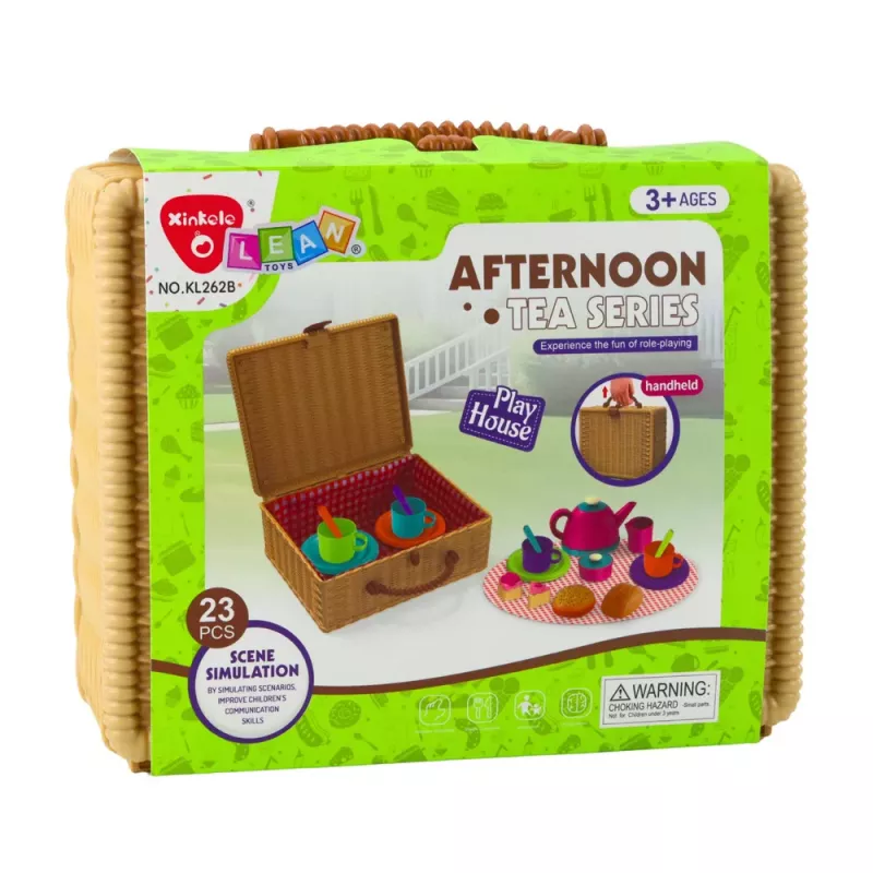 LEAN TOYS Arbatos rinkinys krepšelyje Puodeliai Lėkštės Saldumynai 23 vnt.