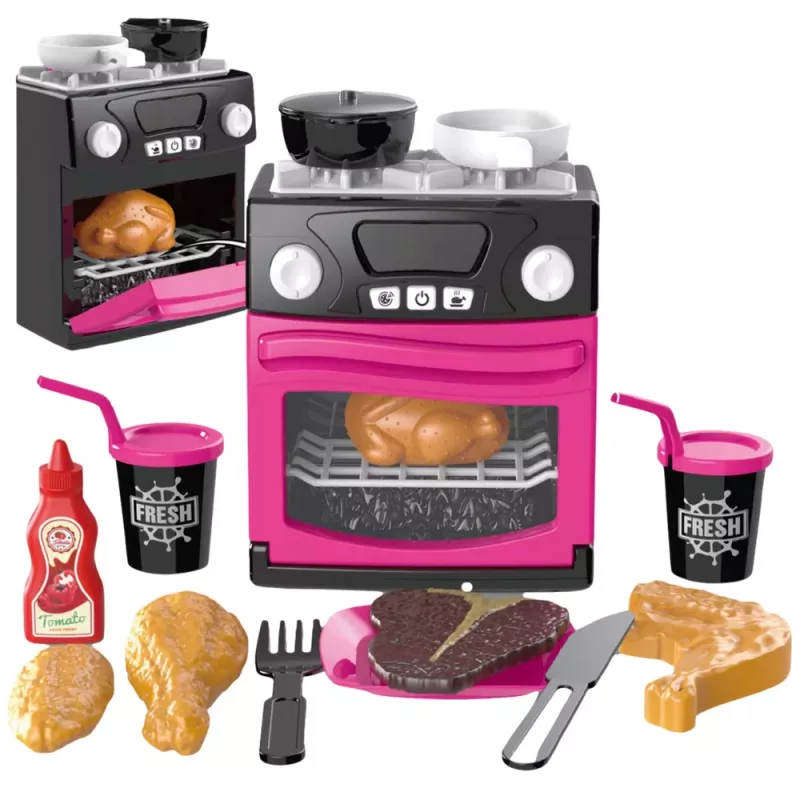 LEAN TOYS Virtuvė su orkaite, maistu, šviesomis, garsais, rožinė