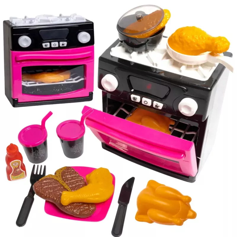 LEAN TOYS Virtuvė su orkaite, maistu, šviesomis, garsais, rožinė