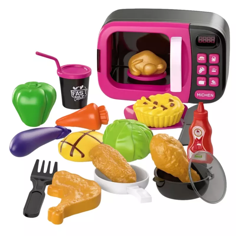LEAN TOYS Mikrobangų krosnelės žaislas vaikams su maistu, 360° sukimu, šviesomis, garsais, rožinė