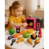 LEAN TOYS Mikrobangų krosnelės žaislas vaikams su maistu, 360° sukimu, šviesomis, garsais, rožinė