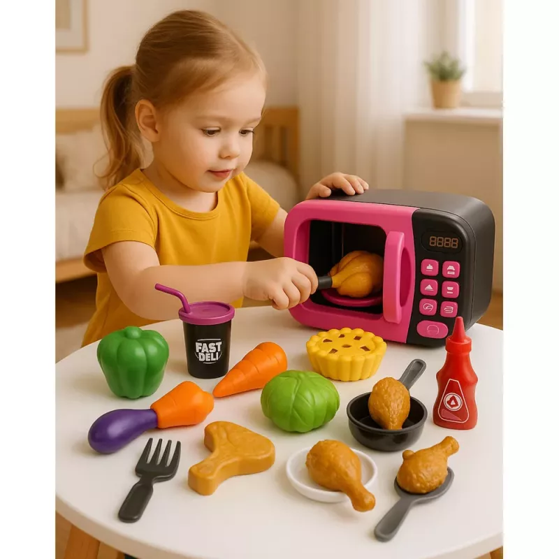LEAN TOYS Mikrobangų krosnelės žaislas vaikams su maistu, 360° sukimu, šviesomis, garsais, rožinė