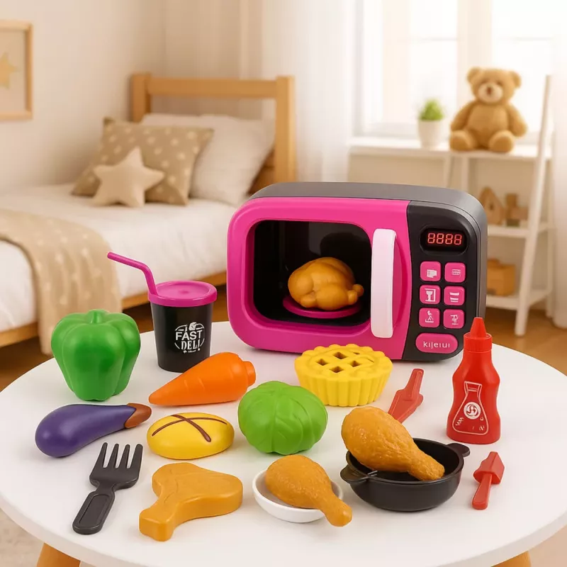 LEAN TOYS Mikrobangų krosnelės žaislas vaikams su maistu, 360° sukimu, šviesomis, garsais, rožinė