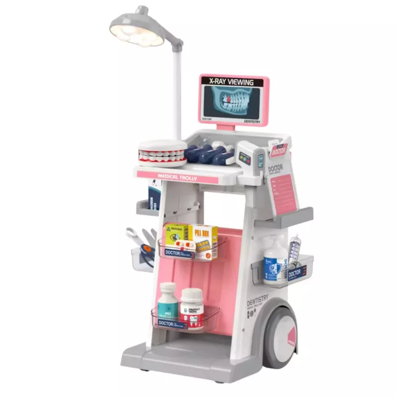 LEAN TOYS Gydytojo ir odontologo rinkinys su medicininiu vežimėliu ir šviesomis, rožinis, 26 vnt.