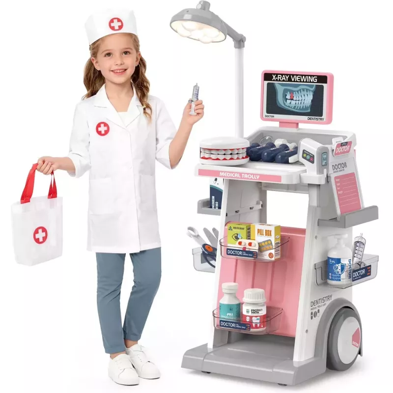 LEAN TOYS Gydytojo ir odontologo rinkinys su medicininiu vežimėliu ir šviesomis, rožinis, 26 vnt.