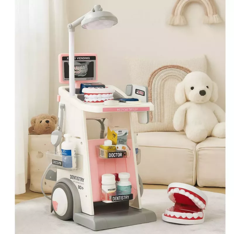 LEAN TOYS Gydytojo ir odontologo rinkinys su medicininiu vežimėliu ir šviesomis, rožinis, 26 vnt.