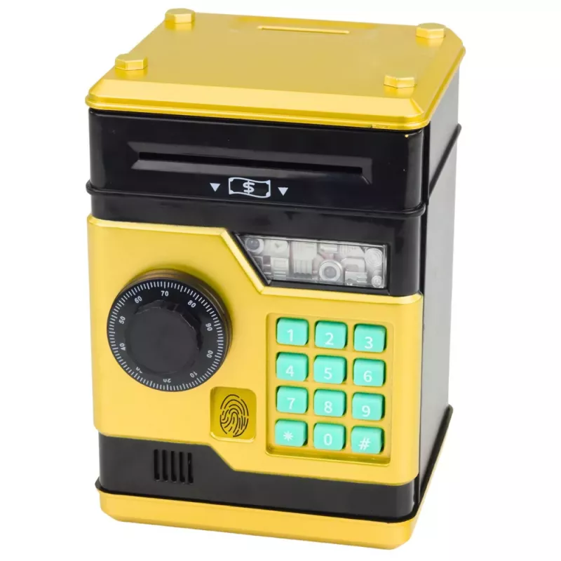 LEAN TOYS ATM elektroninė taupyklė seifas su šviesos ir garso efektais, PIN kodu, auksinė