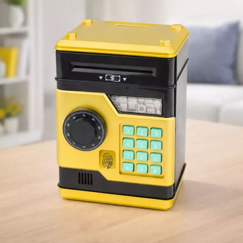 LEAN TOYS ATM elektroninė taupyklė seifas su šviesos ir garso efektais, PIN kodu, auksinė