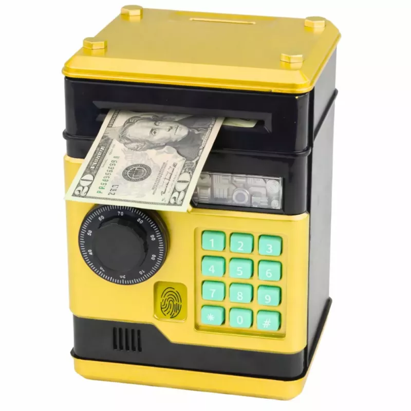 LEAN TOYS ATM elektroninė taupyklė seifas su šviesos ir garso efektais, PIN kodu, auksinė
