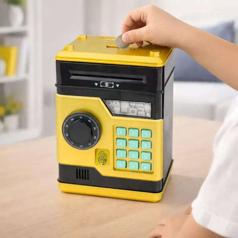 LEAN TOYS ATM elektroninė taupyklė seifas su šviesos ir garso efektais, PIN kodu, auksinė