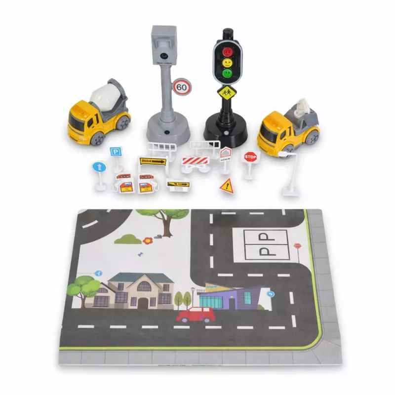 LEAN TOYS Rinkinys: Šviesoforai, Greičio matuoklis, Kilimėlis, Statybinės mašinos, Šviesos ir garsai