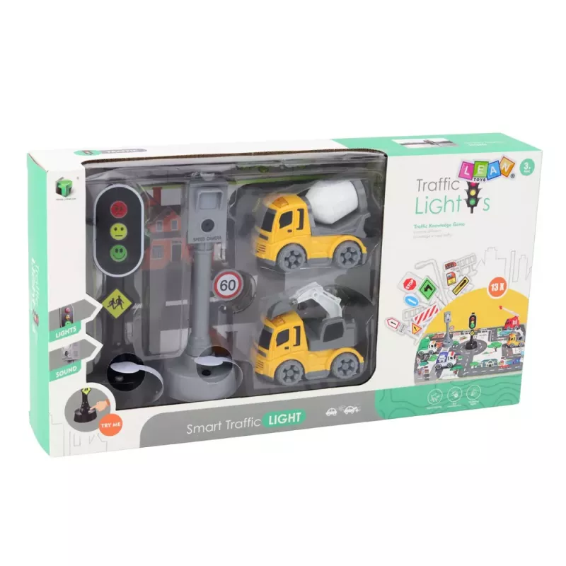 LEAN TOYS Rinkinys: Šviesoforai, Greičio matuoklis, Kilimėlis, Statybinės mašinos, Šviesos ir garsai