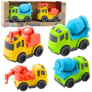LEAN TOYS Statybinės mašinos rinkinys: Automobiliai, Betono maišyklė, Sunkvežimis su kabliu, BIOPlastikas