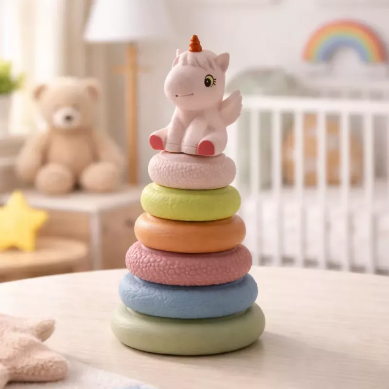 LEAN TOYS Minkštas sensorinis piramidės vienaragis guminis ECO spalvingas