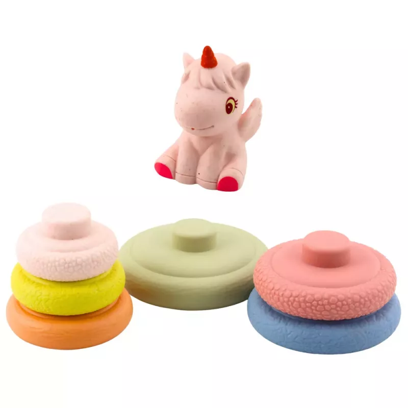LEAN TOYS Minkštas sensorinis piramidės vienaragis guminis ECO spalvingas