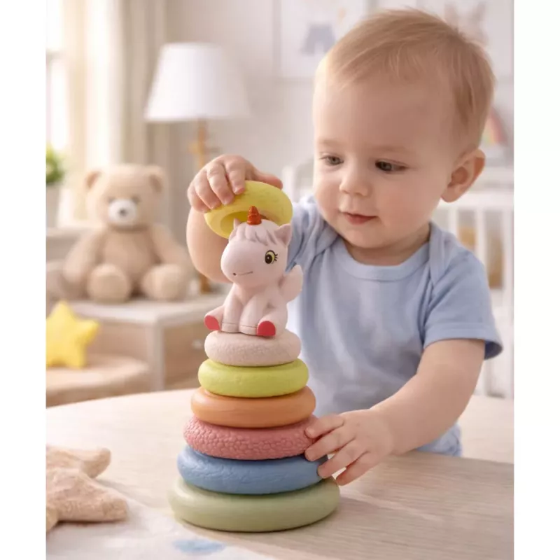 LEAN TOYS Minkštas sensorinis piramidės vienaragis guminis ECO spalvingas